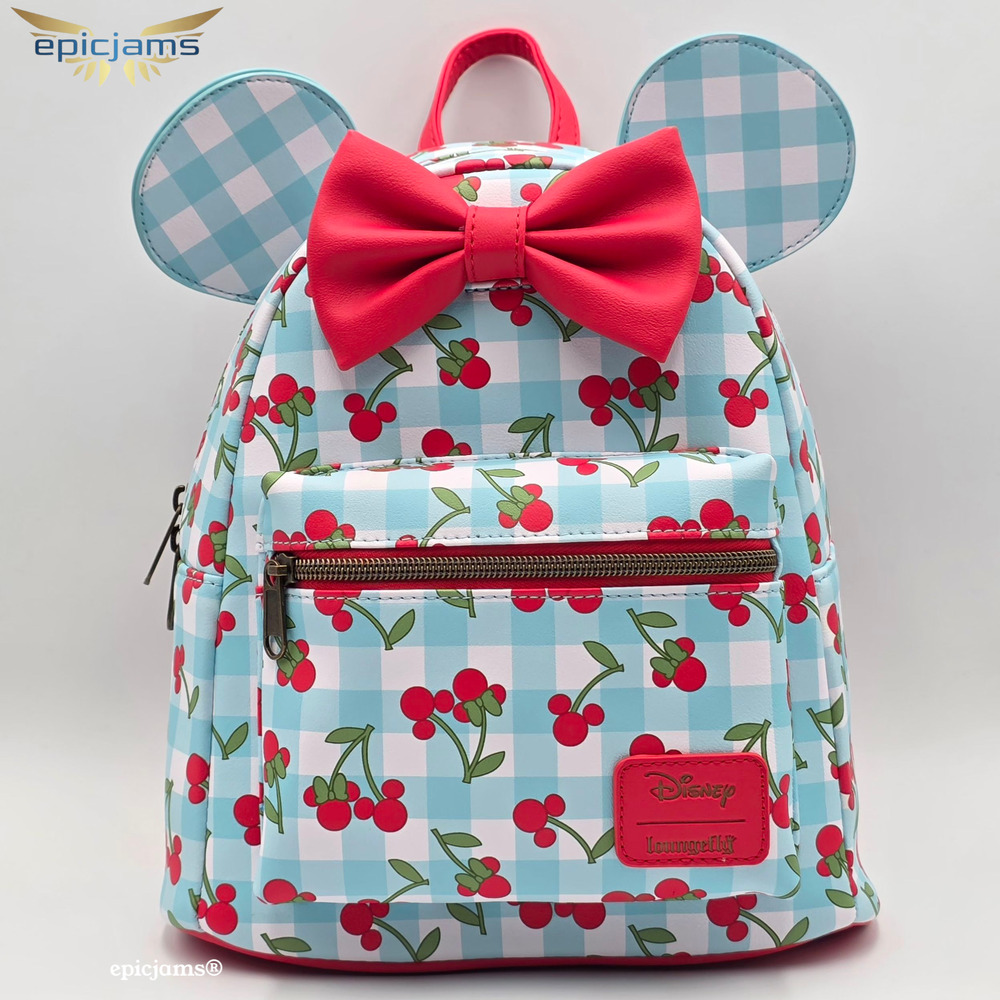 Loungefly Disney Minnie Mouse Gingham Cherry Blue Mini Backpack Bag New